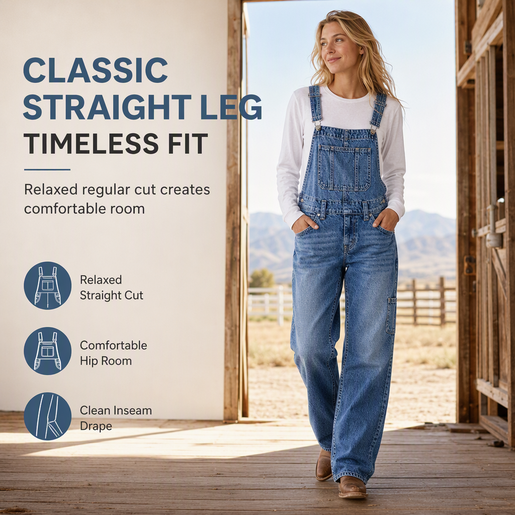 Women's Stretchy Denim Overalls Wide Leg Jumpsuit with Adjustable Straps