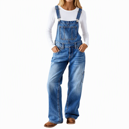 Women's Stretchy Denim Overalls Wide Leg Jumpsuit with Adjustable Straps