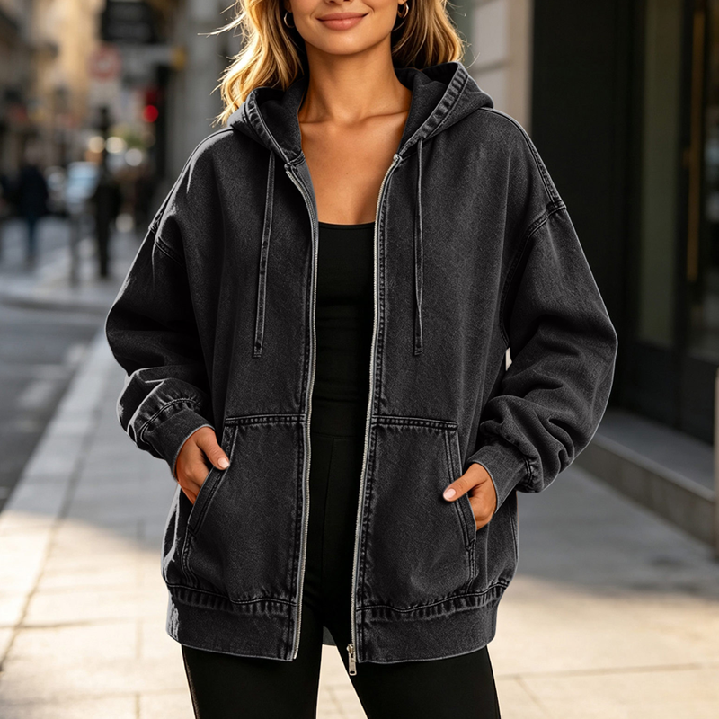 Women's Loose Zip-Up Hooded Denim Jacket