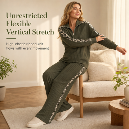 Women's Ribbed Knit Two-Piece Loungewear Set with Quarter-Zip Pullover and Wide-Leg Pants Featuring Leopard Print Accent Panels