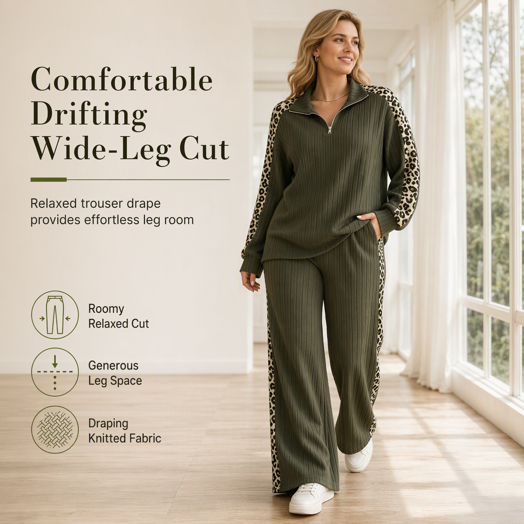Women's Ribbed Knit Two-Piece Loungewear Set with Quarter-Zip Pullover and Wide-Leg Pants Featuring Leopard Print Accent Panels