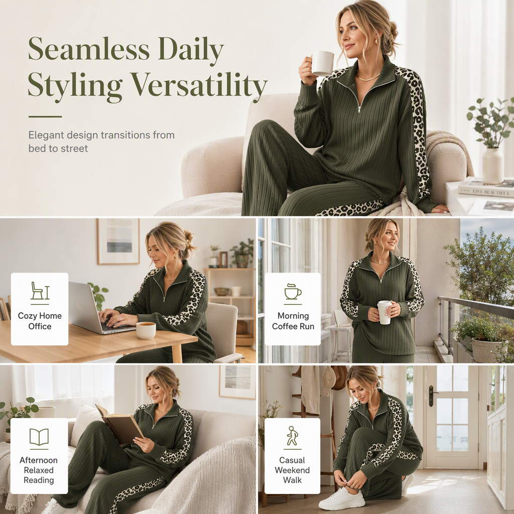 Women's Ribbed Knit Two-Piece Loungewear Set with Quarter-Zip Pullover and Wide-Leg Pants Featuring Leopard Print Accent Panels