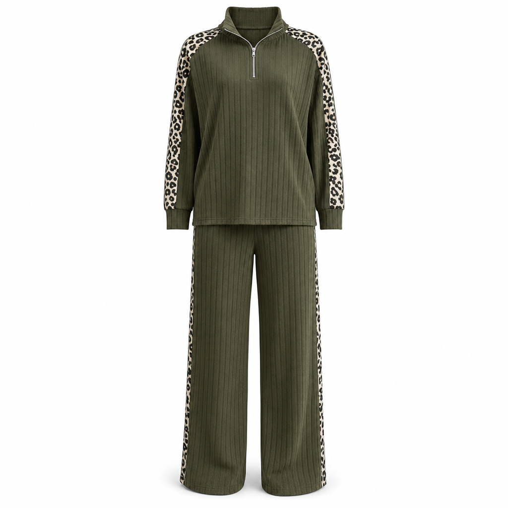 Women's Ribbed Knit Two-Piece Loungewear Set with Quarter-Zip Pullover and Wide-Leg Pants Featuring Leopard Print Accent Panels