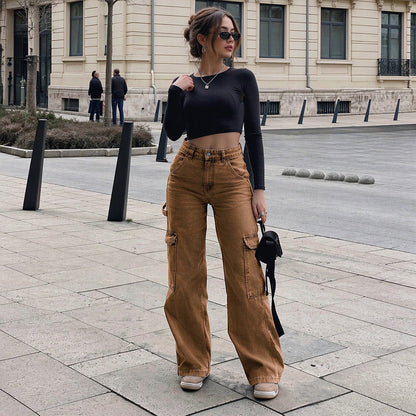 Women's High-Waisted Stretch Denim Cargo Pants