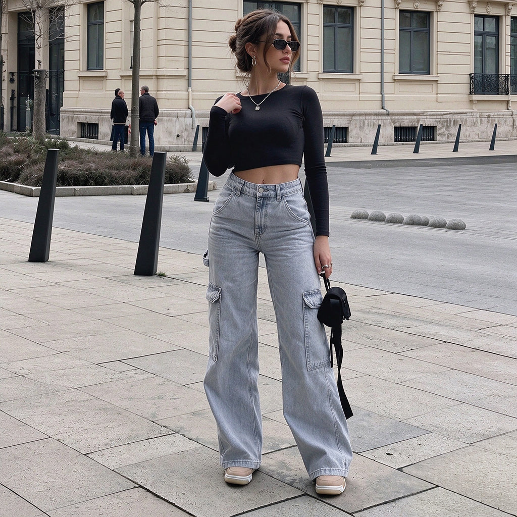 Women's High-Waisted Stretch Denim Cargo Pants