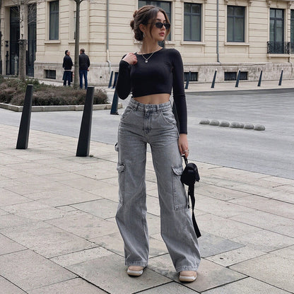 Women's High-Waisted Stretch Denim Cargo Pants