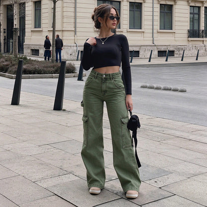 Women's High-Waisted Stretch Denim Cargo Pants