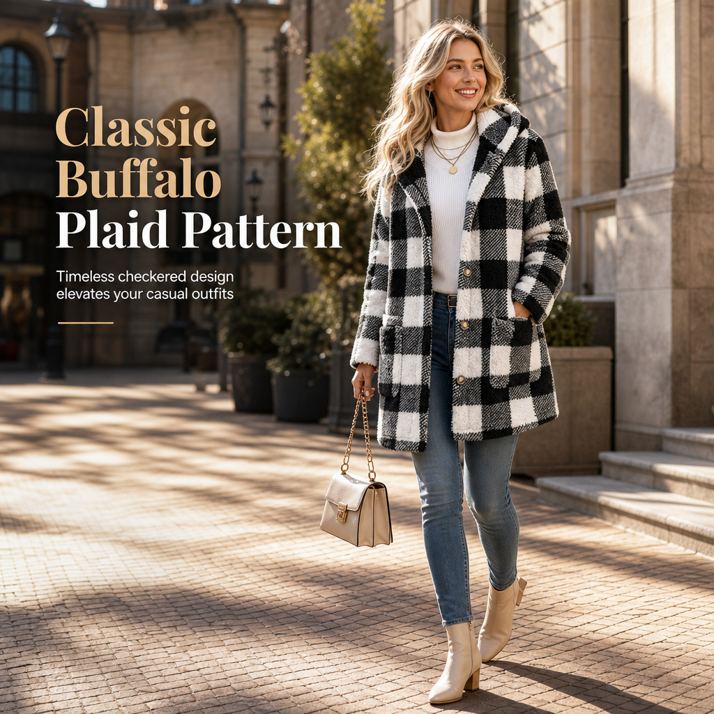 Women's Long Sleeve Plaid Faux Shearling Hooded Coat