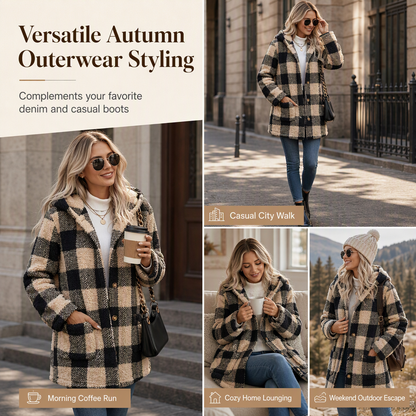 Women's Long Sleeve Plaid Faux Shearling Hooded Coat