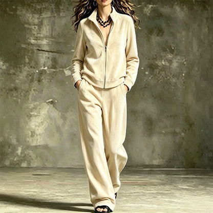 Women's Faux Suede Zip-Up Jacket & Pants Set