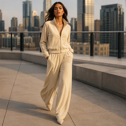 Women's Faux Suede Zip-Up Jacket & Pants Set