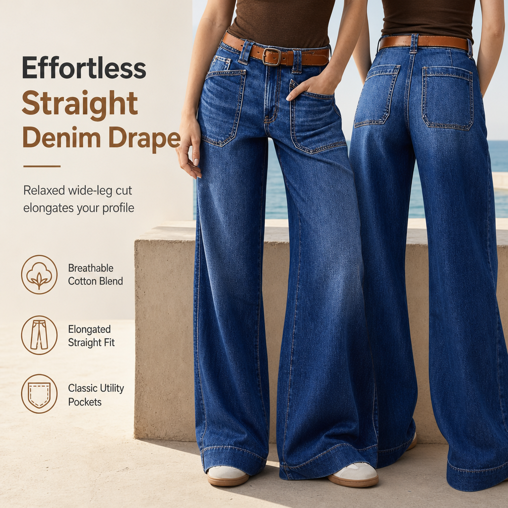 ✨Limited stock available, don’t miss out!🎉Women's Loose Fit Wide Leg Straight Leg Denim Cropped Jeans