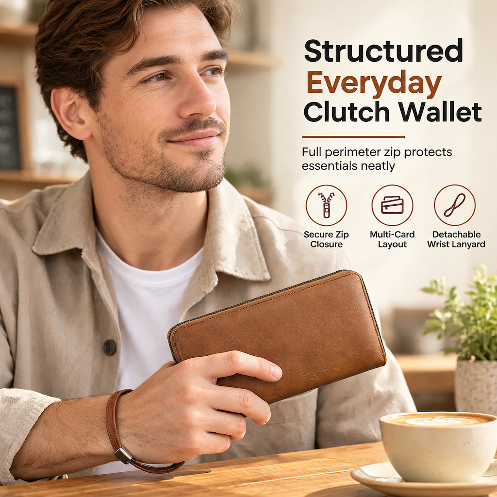 ✨Structured Everyday Clutch Wallet – Rigid Zip, Flat Banknotes, Multi-Compartment, Scratch-Resistant