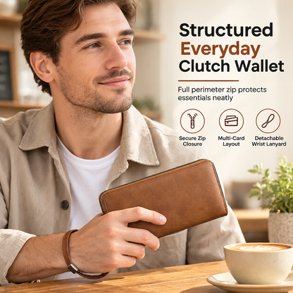 ✨Structured Everyday Clutch Wallet – Rigid Zip, Flat Banknotes, Multi-Compartment, Scratch-Resistant
