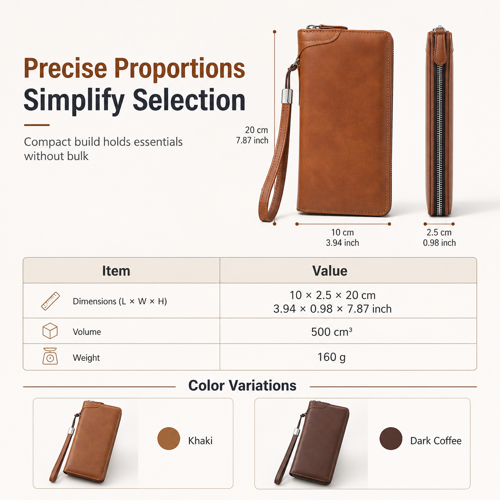 ✨Structured Everyday Clutch Wallet – Rigid Zip, Flat Banknotes, Multi-Compartment, Scratch-Resistant