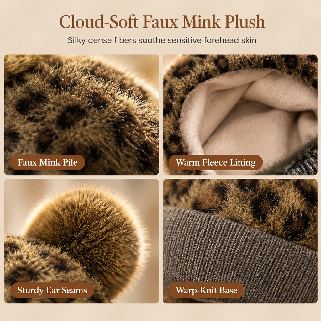⏰ Seasonal changeover sale: 50% off – quality at half the price! ✨Women Vintage Leopard Print Plush Bear Ears Mongolian Hat Thick Warm Winter Earflap Beanie