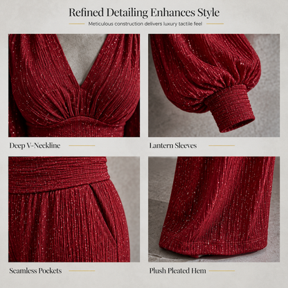 Women's Two Piece Outfit Fall Winter Deep V Neck Lantern Sleeve Pleated Top and Wide Leg Pants with Pockets