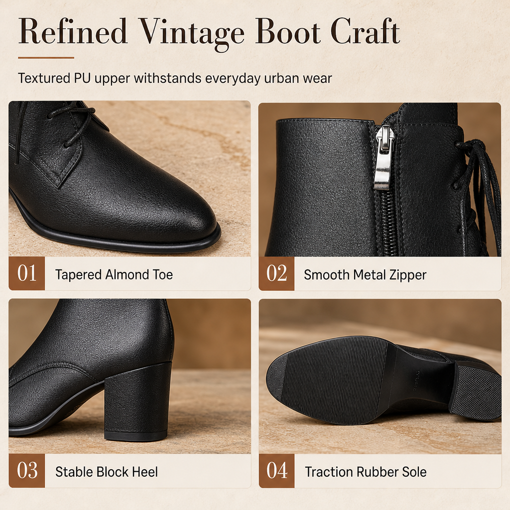 🎉The Lowest Price But The Best Quality!🔥Women Vintage British Style Lace Up Pointed Toe Block Mid Heel Ankle Boots