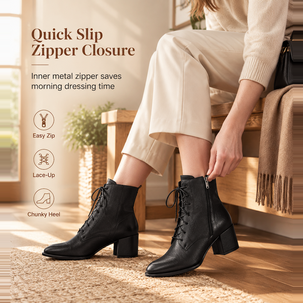 🎉The Lowest Price But The Best Quality!🔥Women Vintage British Style Lace Up Pointed Toe Block Mid Heel Ankle Boots