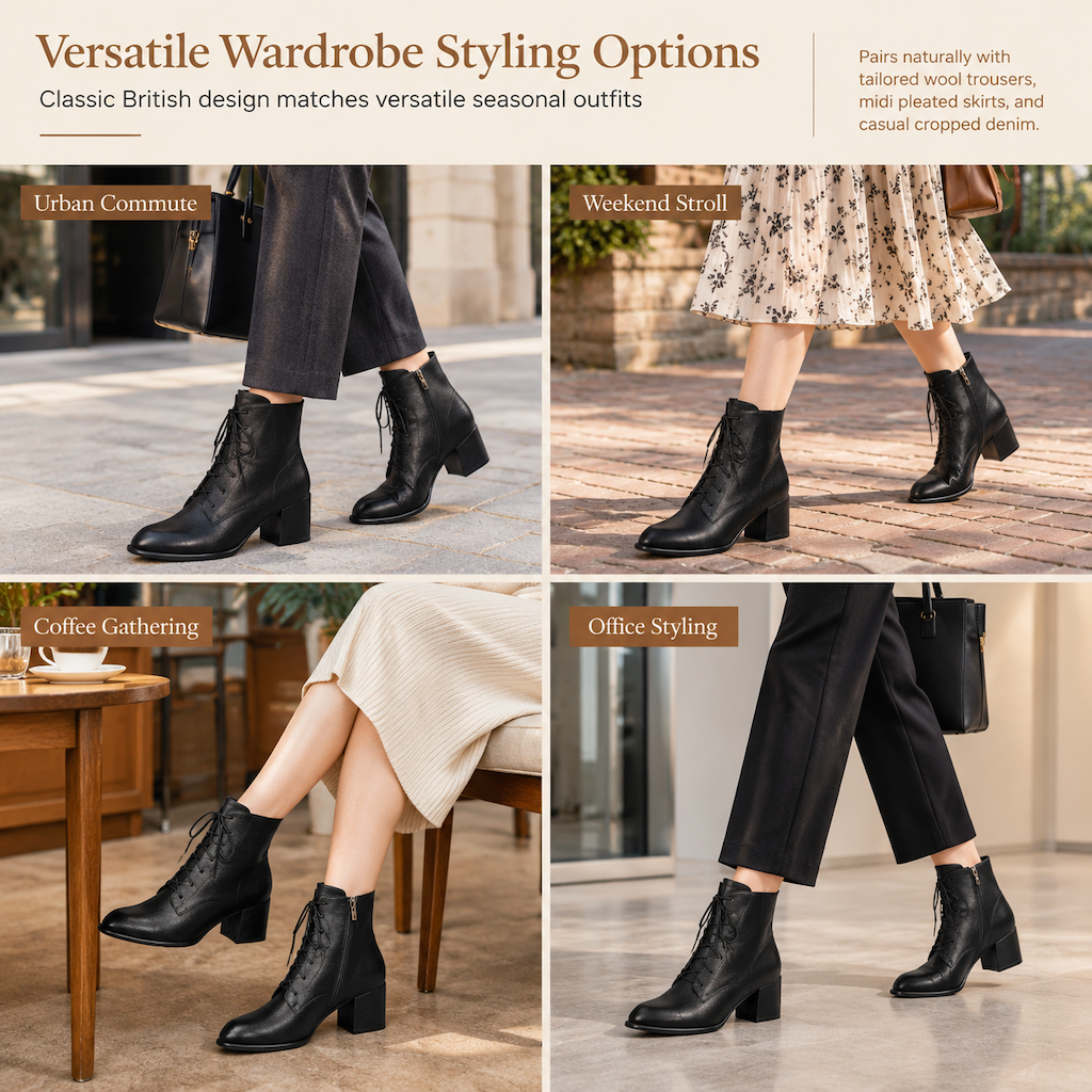 🎉The Lowest Price But The Best Quality!🔥Women Vintage British Style Lace Up Pointed Toe Block Mid Heel Ankle Boots