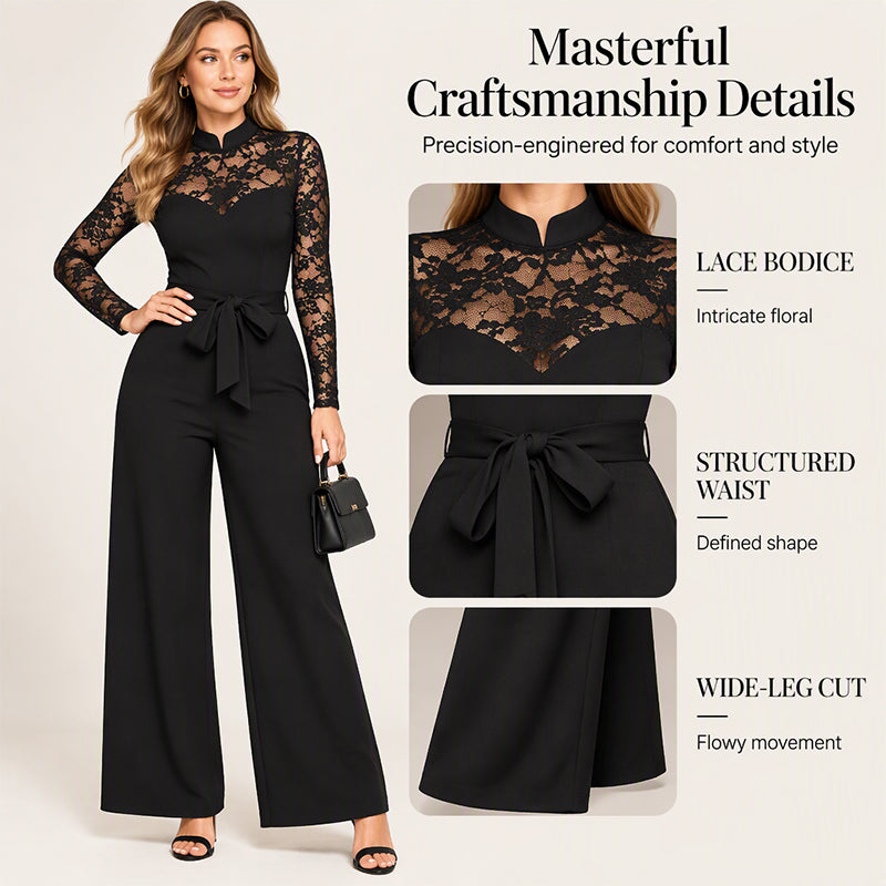 ✨Limited stock available, don’t miss out!🎉Women's Elegant Lace Patchwork Belted Jumpsuit