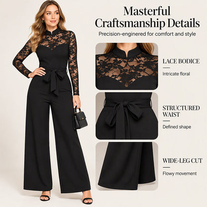 ✨Limited stock available, don’t miss out!🎉Women's Elegant Lace Patchwork Belted Jumpsuit