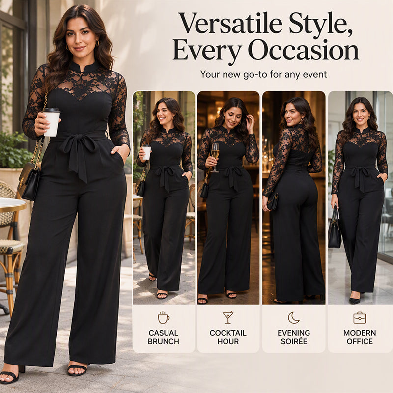 ✨Limited stock available, don’t miss out!🎉Women's Elegant Lace Patchwork Belted Jumpsuit