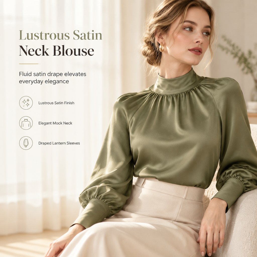 ⏰ Seasonal changeover sale: 50% off – quality at half the price! ✨Elegant French Style Satin Blouse with Stand Collar and Long Lantern Sleeves for Autumn Winter Layering