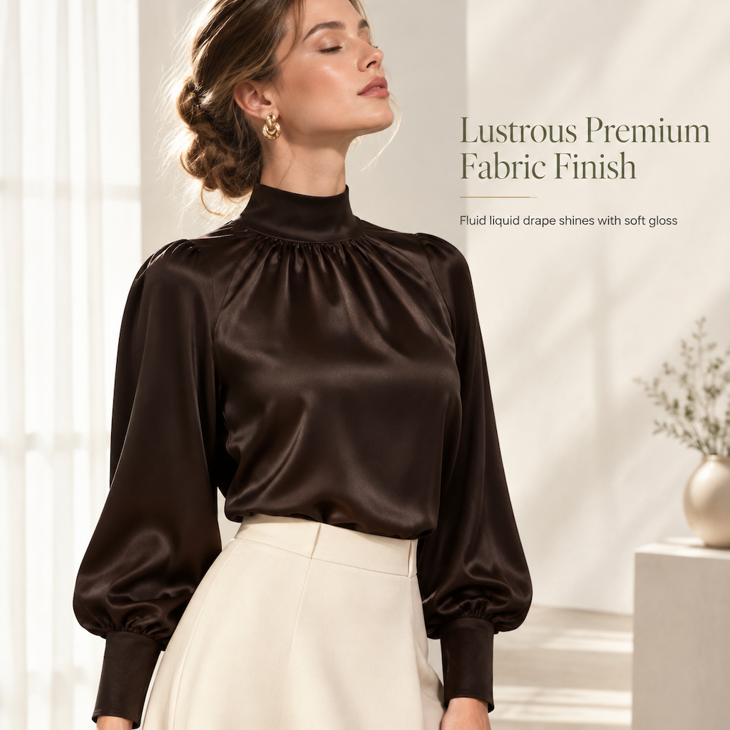 ⏰ Seasonal changeover sale: 50% off – quality at half the price! ✨Elegant French Style Satin Blouse with Stand Collar and Long Lantern Sleeves for Autumn Winter Layering
