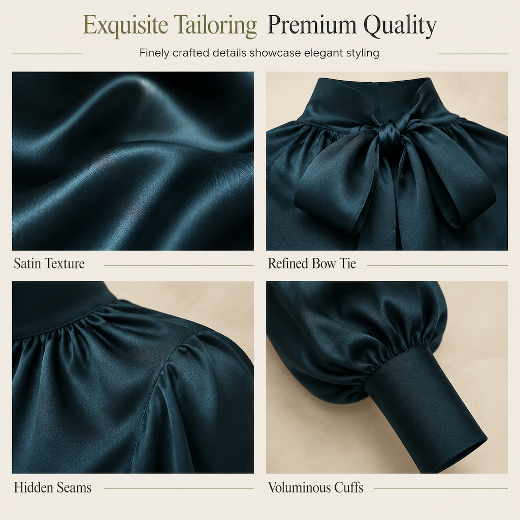 ⏰ Seasonal changeover sale: 50% off – quality at half the price! ✨Elegant French Style Satin Blouse with Stand Collar and Long Lantern Sleeves for Autumn Winter Layering