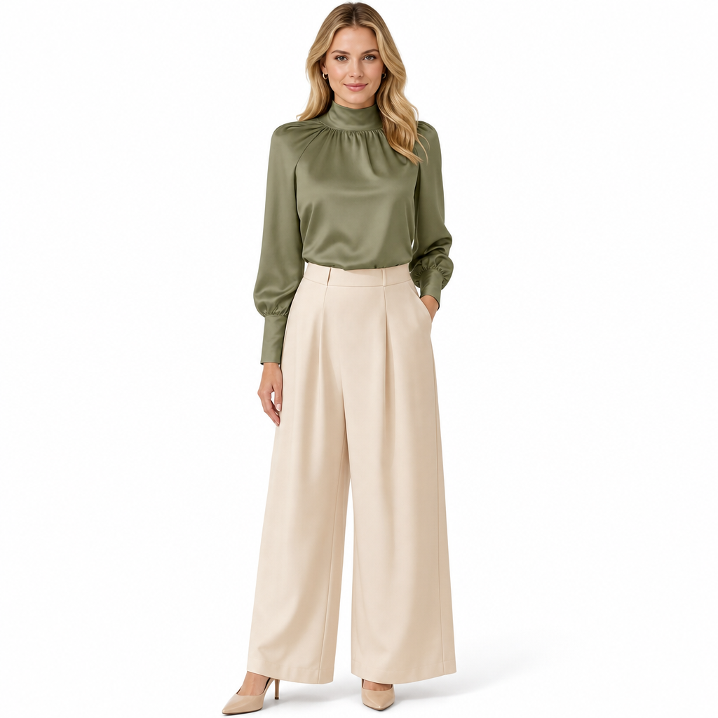 ⏰ Seasonal changeover sale: 50% off – quality at half the price! ✨Elegant French Style Satin Blouse with Stand Collar and Long Lantern Sleeves for Autumn Winter Layering