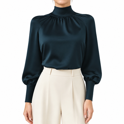 ⏰ Seasonal changeover sale: 50% off – quality at half the price! ✨Elegant French Style Satin Blouse with Stand Collar and Long Lantern Sleeves for Autumn Winter Layering