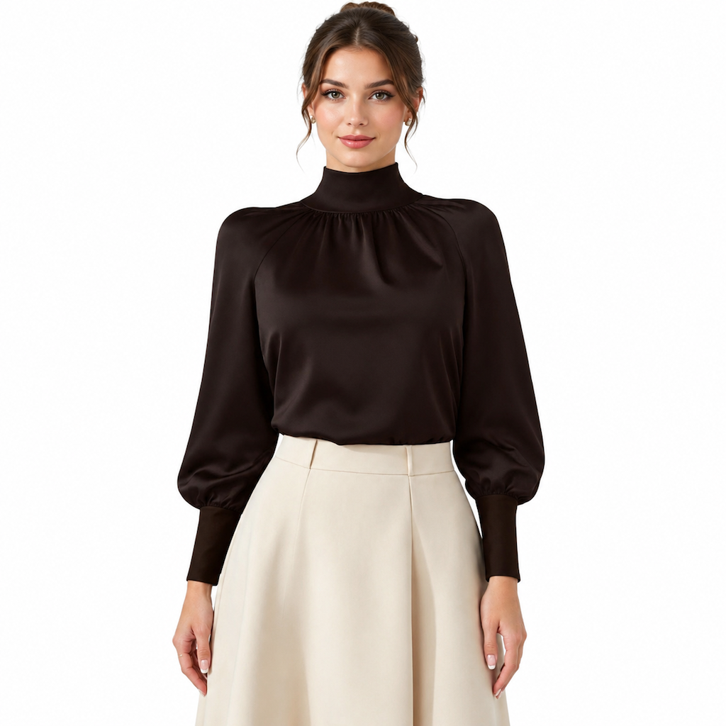 ⏰ Seasonal changeover sale: 50% off – quality at half the price! ✨Elegant French Style Satin Blouse with Stand Collar and Long Lantern Sleeves for Autumn Winter Layering
