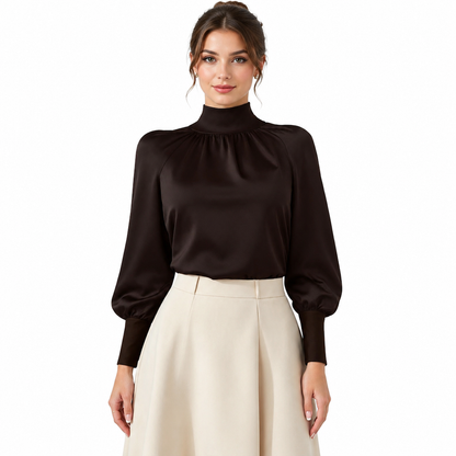 ⏰ Seasonal changeover sale: 50% off – quality at half the price! ✨Elegant French Style Satin Blouse with Stand Collar and Long Lantern Sleeves for Autumn Winter Layering