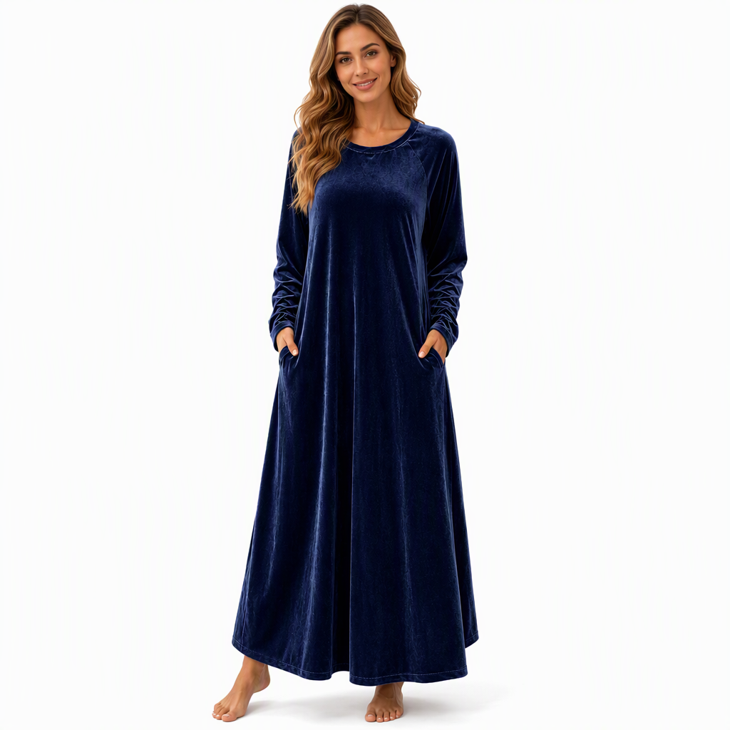 Women's Casual Velvet Crew Neck Dress with Pockets