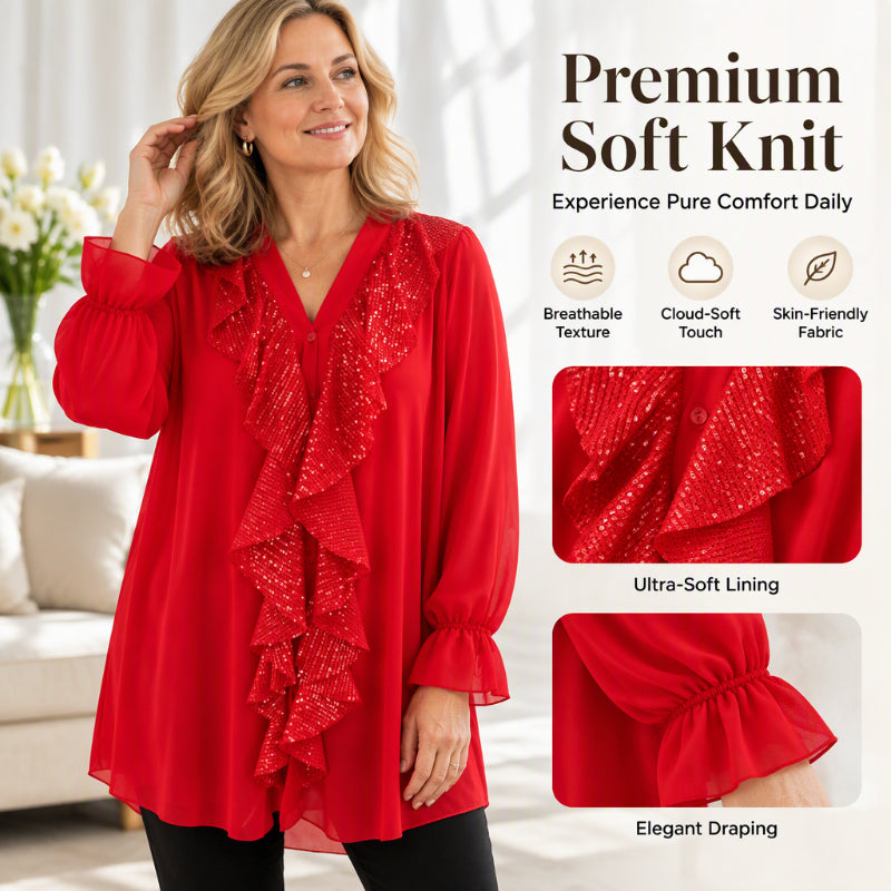 Women's V-Neck Sequin Spliced Chiffon Top