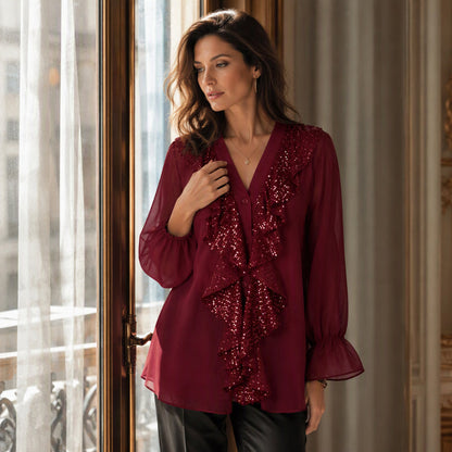 Women's V-Neck Sequin Spliced Chiffon Top