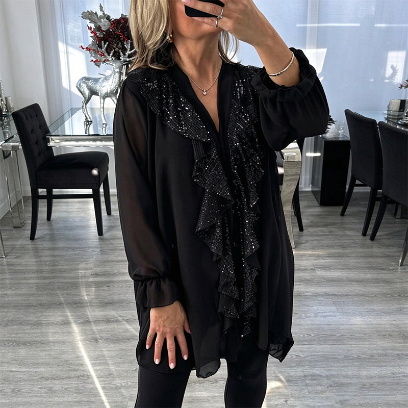 Women's V-Neck Sequin Spliced Chiffon Top