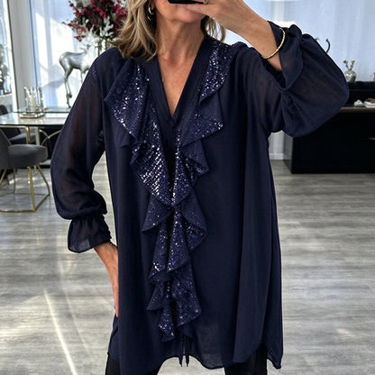 Women's V-Neck Sequin Spliced Chiffon Top