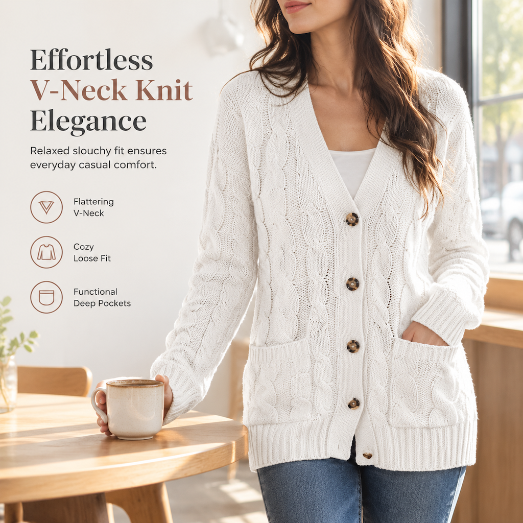 Women's Casual V-Neck Long Sleeve Button-Front Cardigan