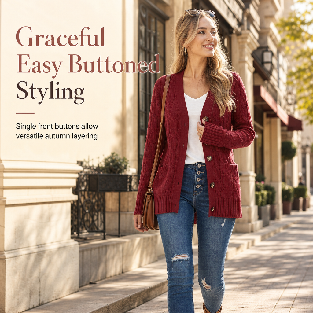 Women's Casual V-Neck Long Sleeve Button-Front Cardigan