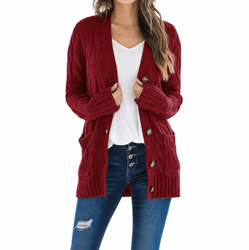 Women's Casual V-Neck Long Sleeve Button-Front Cardigan