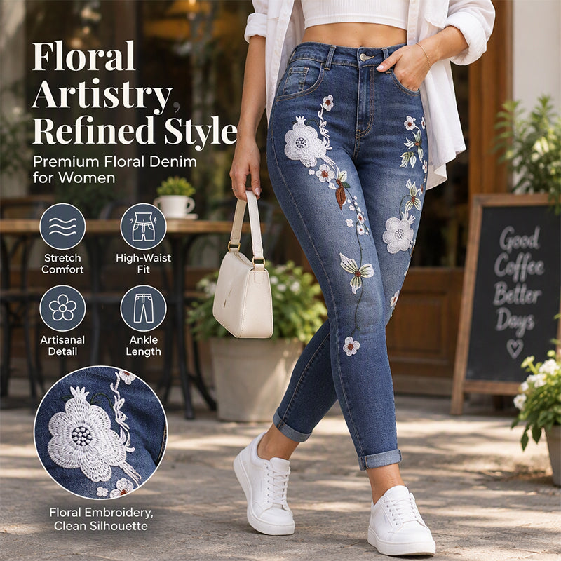 ⏰ Seasonal changeover sale: 50% off – quality at half the price! ✨Women's Stretchy Floral Embroidered Skinny Jeans