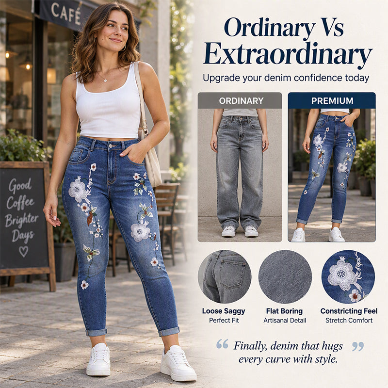 ⏰ Seasonal changeover sale: 50% off – quality at half the price! ✨Women's Stretchy Floral Embroidered Skinny Jeans
