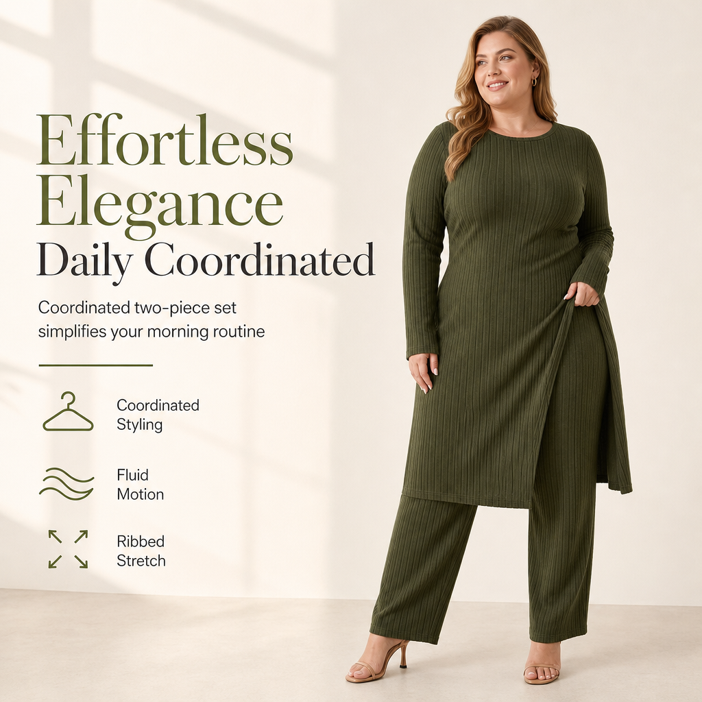 Women's Rib Knit Long Sleeve High Slit Tunic and Pants Two Piece Set