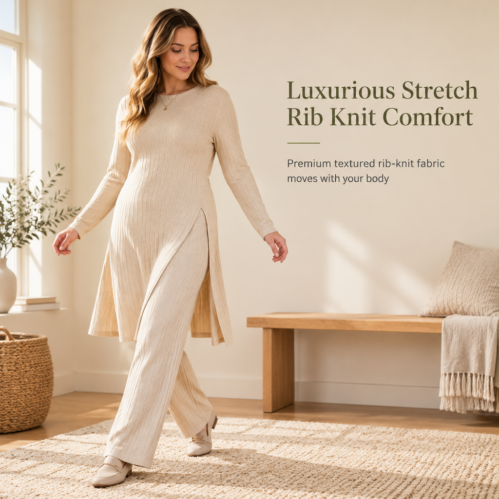 Women's Rib Knit Long Sleeve High Slit Tunic and Pants Two Piece Set