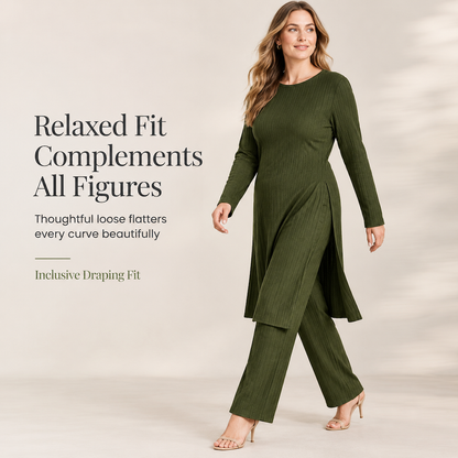 Women's Rib Knit Long Sleeve High Slit Tunic and Pants Two Piece Set