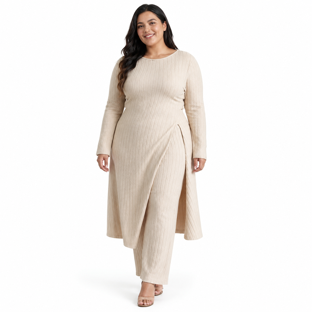 Women's Rib Knit Long Sleeve High Slit Tunic and Pants Two Piece Set