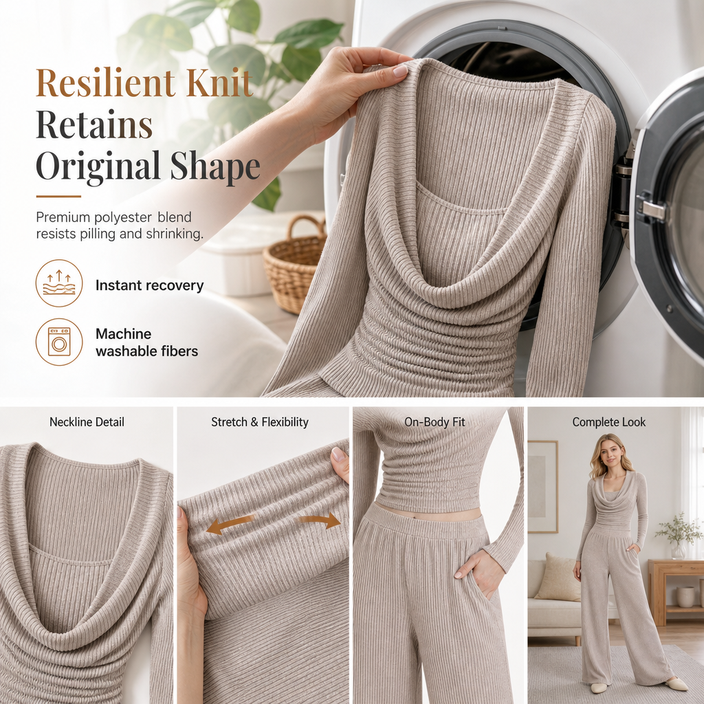 Women's Casual Knitted Two-Piece Set with Long Sleeve Waist-Cinching Top and High-Waisted Wide-Leg Pants