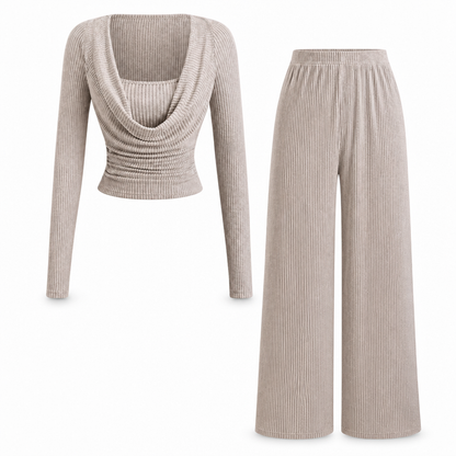 Women's Casual Knitted Two-Piece Set with Long Sleeve Waist-Cinching Top and High-Waisted Wide-Leg Pants